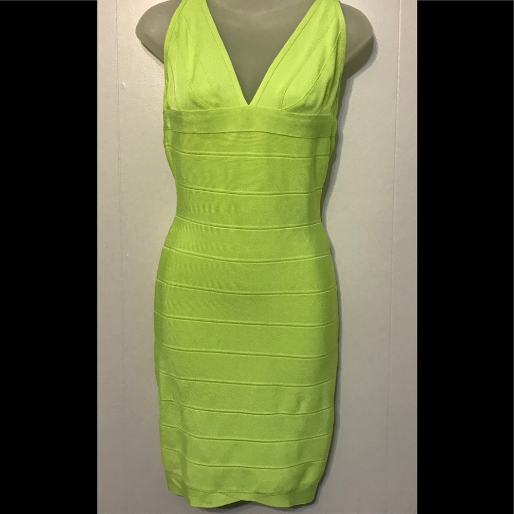 Herve Leger Neon Lime V-Neck Bandage Mini Dress - Picture 2 of 7